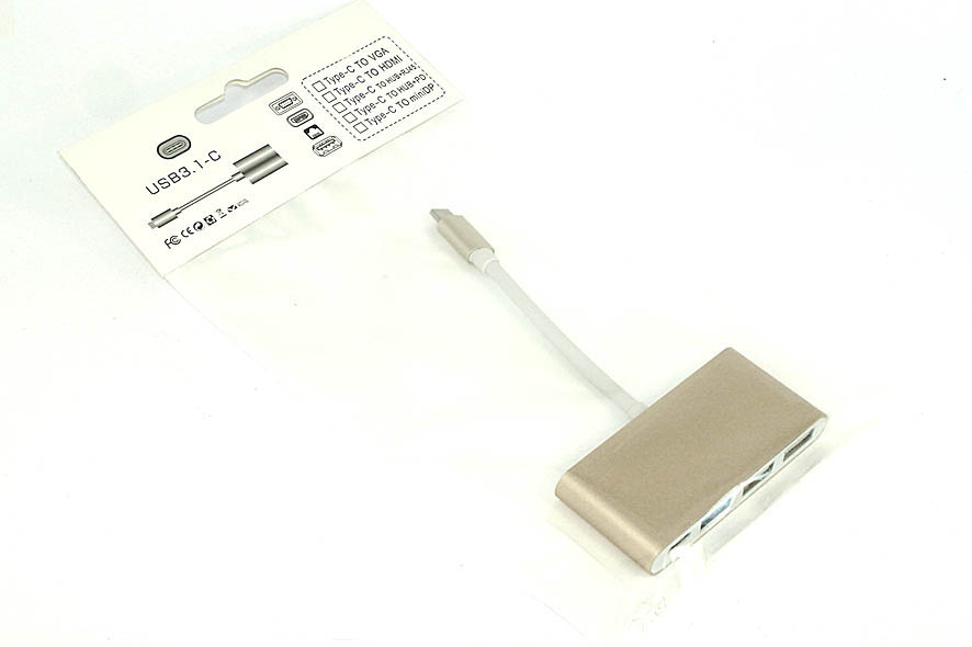 Адаптер Multiport Type-C на USB 2шт., USB 3.0, Type-С для MacBook золотой
