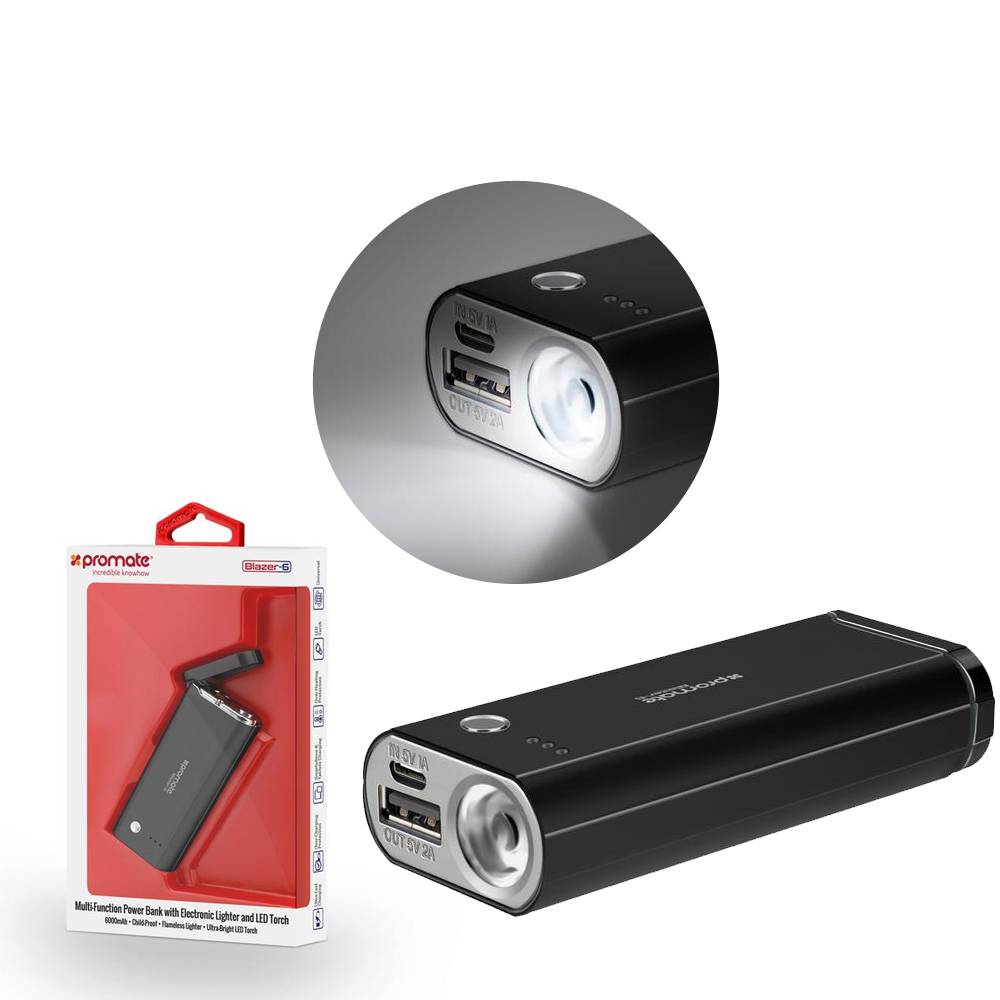 Power Bank 6000mA PROMATE Blazer-6 (USB выход 2A) черный + зажигалка