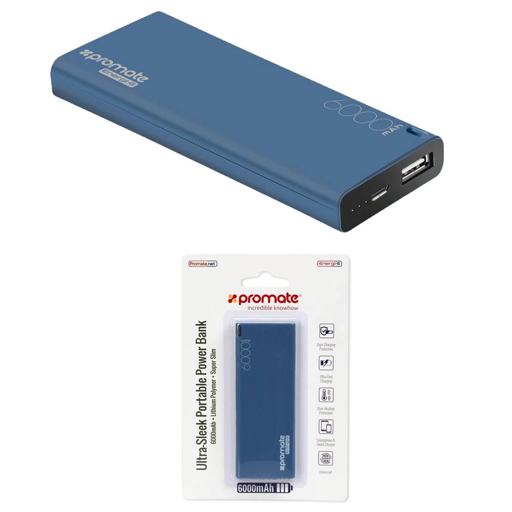 Power Bank 6000mA PROMATE Energi-6 (USB выход 2,1A) синий