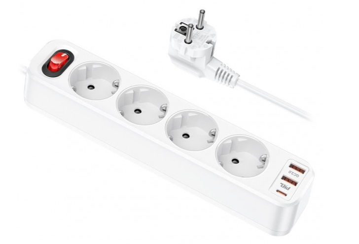 Сетевой фильтр Hoco NS1 Aura 4 Sockets + 2USB QC3.0 + PD 18W Type-C USB-C 1.8м