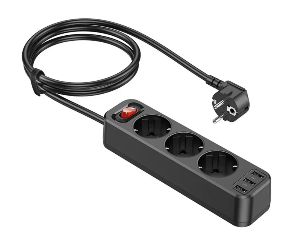 Сетевой фильтр Hoco NS2, 3 EU розетки, 4000W, с портами 3xUSB, 2.4A, 1.8м черный
